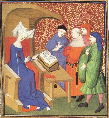 Bild: Christine de Pizan liest vor einer Männergruppe.