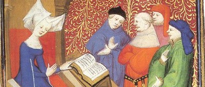 Banner aktuelle Lehre: Christine de Pizan liest vor einer Männergruppe